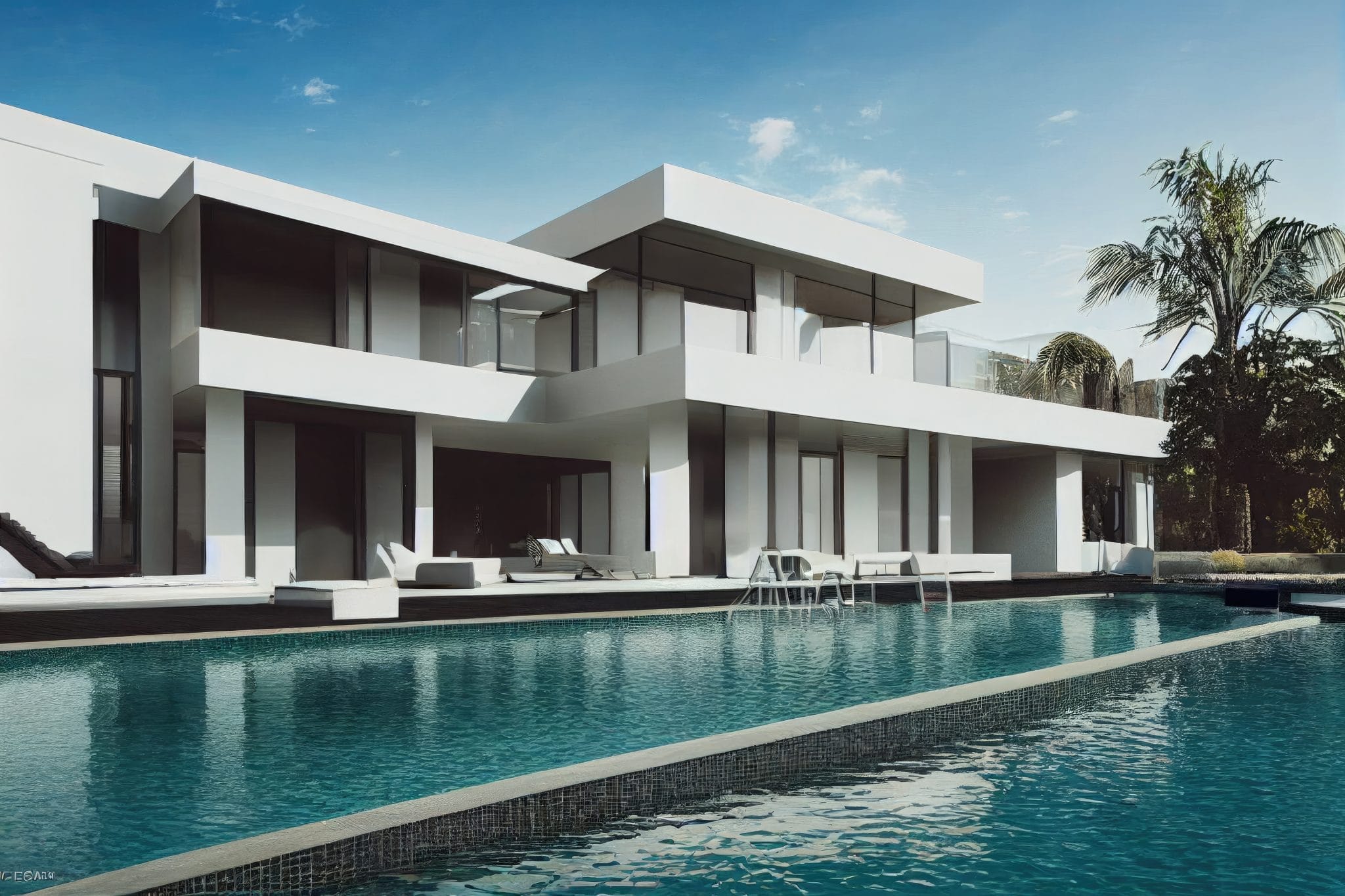 Luxury pool villa spectacular contemporary design digital art real estate , home, house and property, Generative AI illustration.